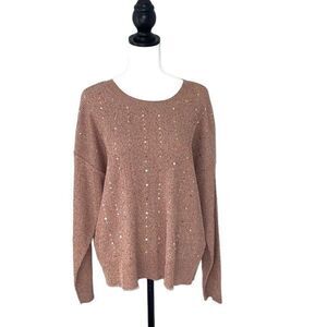 Alfani‎ Womens Metallic Sweater Crew Neck Sequins Long Sleeve Ribbed Pink Large